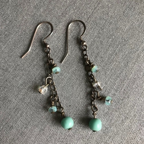 Vintage Handmade Aqua Beads Crystal Sterling Silver Dangle Drop Earrings - Picture 3 of 6